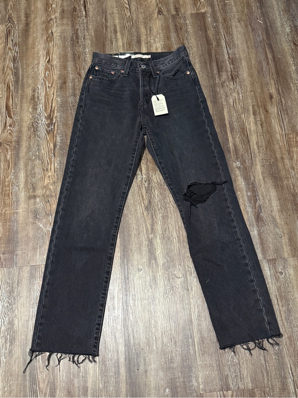 Levi's Wedgie Straight Leg Jeans Women's 24 Black Frayed Hem Button Fly Denim NW